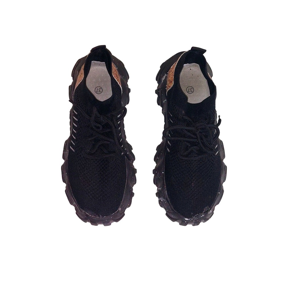 Black Knit Sneakers Chunky Sole Cork Detail Women Size 6.5